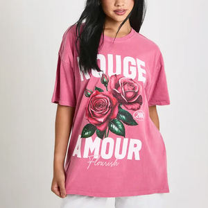 Camiseta de Algodón con Cuello Redondo Informal de Verano de Alta Calidad Personalizada OEM/OEM con Estampado Overdye Rouge Amour para Mujer - Product Image 1