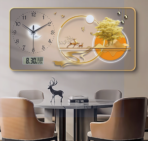 Splendido <span class=keywords><strong>Orologio</strong></span> <span class=keywords><strong>da</strong></span> Parete Analogico-Digitale con Design a Vista e Elementi Paesaggistici Dorati per Soggiorno, Display a Lancette - Product Image 2