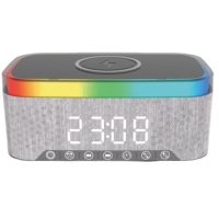 Multifunktionaler tragbarer Lautsprecher mit 15W kabellosem Ladegerät, Wecker, RGB-Farb-LED-Licht, Schreibtischlampe und FM-Radio