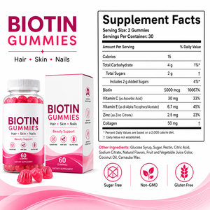 Complément alimentaire végétalien en gommes à la <span class=keywords><strong>biotine</strong></span> 5000 mcg avec collagène, zinc, vitamines C et E pour la santé des cheveux, de la peau et des ongles chez l'adulte, ODM - Product Image 6