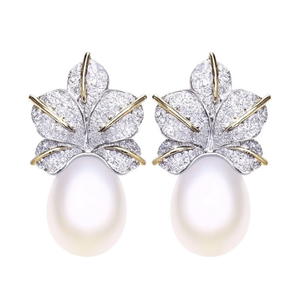 Boucles d'oreilles de luxe bicolores en or blanc avec perles et feuilles de diamants taille brillant rond, plaqué or 18 carats, bijoux de mariage pour femme - Product Image 1