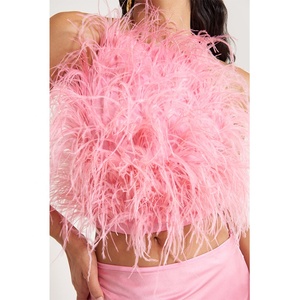BAOLA Clothing Factory Women Amethyst Colored Air-satin and Adorned with Hand-placed Feathers Light <strong>pink</strong> Satin <strong>Silk</strong> <strong>Tops</strong> - Product Image 2