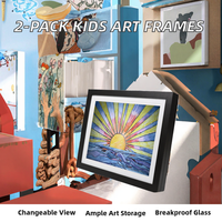 Lot de 2 cadres en teck pour œuvres d'art d'enfants, avec support chevalet en plexiglas incassable et passe-partouts doubles pour 9x12/8.5x11/A4, capacité de rangement de 100 feuilles (Noir)