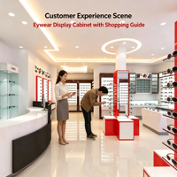 Ensemble complet de mobilier de magasin d'optique OEM d'usine, vitrine murale incurvée pour lunettes de soleil avec éclairage LED