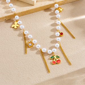 Korean Style Pearl Chain Necklace With Cherry Heart Butterfly Charms For Everyday Wear - Product Image 2