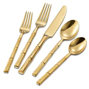 Western Bamboo Style Handle Wedding Durable Mirror Gold Fork Knife Spoon Set Stainless Steel Flatware Set