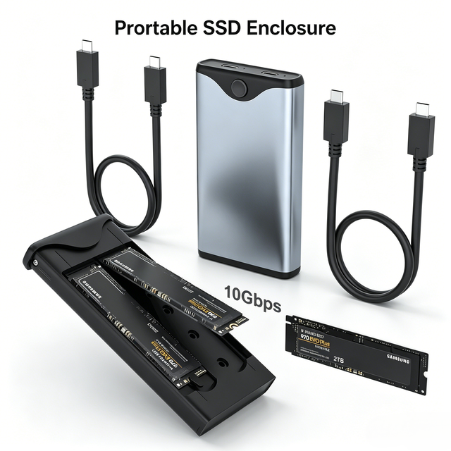 Dual Bay M.2 Hard Drive Enclosure, 10Gbps Dual Protocol SATA NVMe External SSD Case Support Custom Logo Wholesale