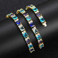 Collier Tennis Hip Hop en Laiton Plaqué Or 7mm avec Zircones Bleues Dégradées Taille Princesse Serties à Griffes, Style Iced Out, Vente en Gros
