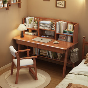 Solid Wood Desk With Bookshelf Integrated Study Computer Desk For Home Bedroom Writing <b>Table</b> 80-140Cm Size - Product Image 3
