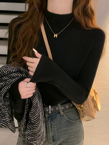 Áo len nữ màu hồng mùa đông 2023, dày dặn, lót lông cừu, chất liệu dệt kim, cổ giả cao, giữ ấm cho mùa thu đông - Product Image 6