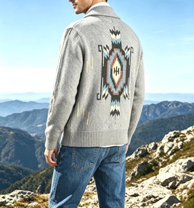 Cárdigan de punto grueso para hombre, estilo suroeste, con cuello chal, paneles a rayas, motivo de águila y punto de semilla, para otoño e invierno - Product Image 6