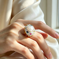 Bague élégante pour femme, style cœur, perle d'eau douce incrustée, pierres de couleur tourmaline, alliage, bague réglable, cadeau de la Saint-Valentin