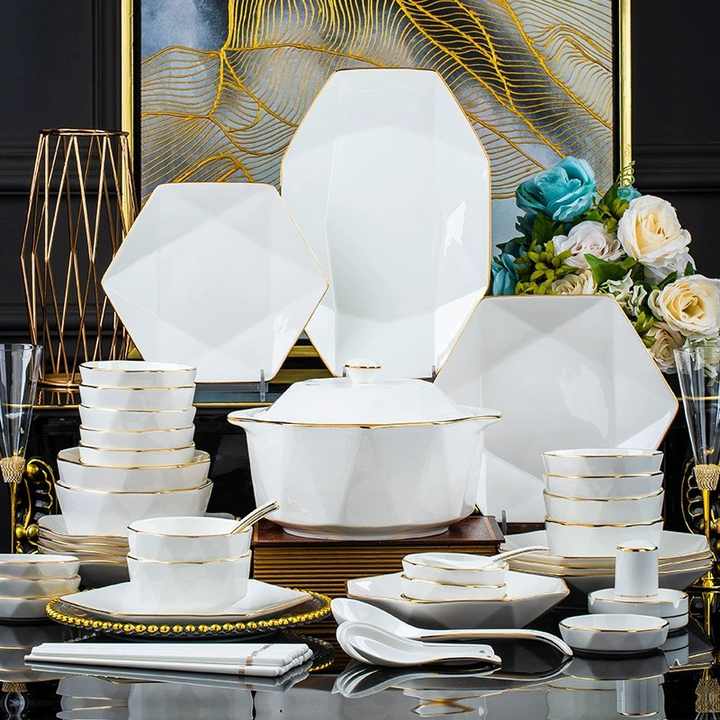 Nordic Elegant Gold Bone China Dinnerware Set Hexagonal Plate Tray Ceramic  Material for Kitchen Table Use