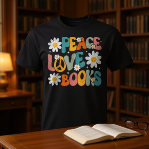 Camiseta Peace Love Books para bibliófilos, bibliotecarios y profesores de lectura - Ropa promocional genial - Product Image 3