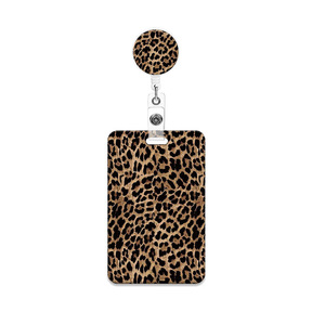 Brown leopard print ID badge <b>clip</b> with lanyard, retractable pull <b>buckle</b>, detachable polyester neck strap and phone strap. - Product Image 5