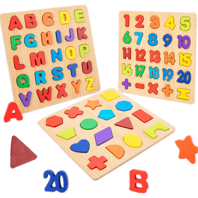 Mainan kayu puzzle angka alfabet, mainan pendidikan dini anak-anak