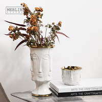 Vase de luxe Merlin Living, vase à visage plaqué or, décoration de table, vase à fleurs en céramique pour la maison, décoration en céramique