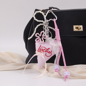 Lace Bow Embroidered Letter Heart Pendant Pearl Chain Bag Charm Keycharm for Women - Product Image 4