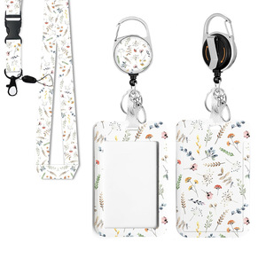 White floral print 360-degree rotating anti-loss keychain for cruise ships, polyester printed lanyard, <b>document</b> protector set - Product Image 1