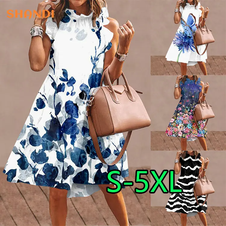 Fashion Ladies High Waist Ruffles Floral Dress Summer Boho Digital Printing Beach Casual Midi Dress for Women
