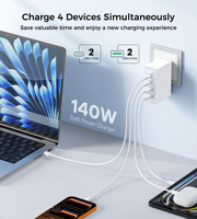 Chargeur rapide magnétique GaN 140W HNT, adaptateur de voyage universel pour téléphones mobiles 2C+2A avec matériau ignifuge ABS+PC