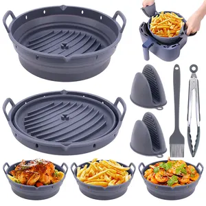 Bandeja de silicone reutilizável dobrável para fritadeira de ar, conjunto de forros para forro de forno, assadeira e forro de ar, acessórios redondos