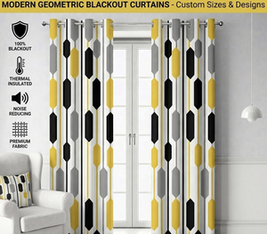 <span class=keywords><strong>Cortinas</strong></span> Opacas Modernas con Ojales, Diseño Hexagonal a Rayas, Alto GSM, Impresión Geométrica 3D en Amarillo, Gris y Negro, Paneles Reductores de Ruido - Product Image 1