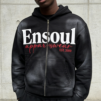 Sweat à capuche zippé en molleton 100 % coton OEM, effet délavé vintage avec logo sérigraphié, coupe oversize streetwear