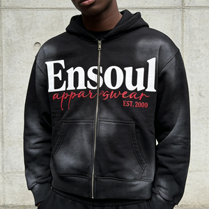 Sweat à capuche zippé en molleton 100 % coton OEM, effet délavé vintage avec logo sérigraphié, coupe oversize streetwear - Product Image 3