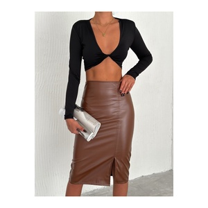 Jupe crayon en similicuir pour femme, taille élastique, fente haute 62 cm - Product Image 4