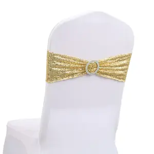 Penjualan laris ikat pinggang pernikahan spandeks penutup kursi warna emas ikat selempang tali elastis dengan gesper Slider untuk dekorasi perjamuan pernikahan
