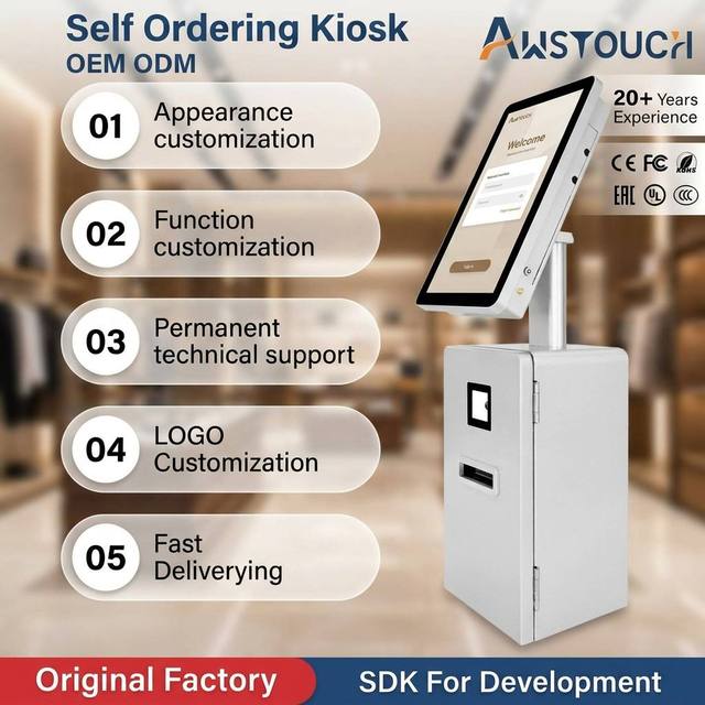 AWSTOUCH 15.6inch Slim Desktop Self Ordering Kiosk for Pharmacy With Compact Receipt Printer and QR - Code Scanner