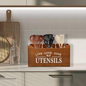 Caja de almacenamiento de cubiertos de madera para cocina con orificio de drenaje, soporte para cuchillos, tenedores y palillos, caja de almacenamiento transfronteriza, para encimera - Product Image 1