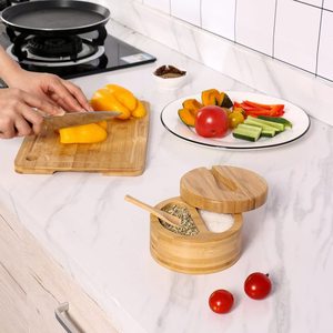 Bamboo Salt Box With Rotating Lid Divided Compartment <b>Kitchen</b> Spice Storage M Size Freshness Preservation - Product Image 1