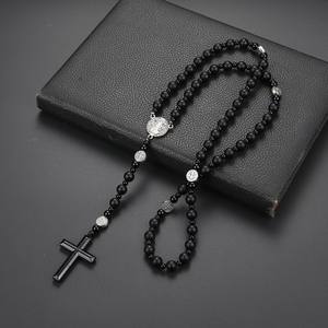 Nuova pietra vulcanica nera pietra Gallstone Alt san benedetto cattolico religioso maschile originale pietra croce <span class=keywords><strong>rosario</strong></span> <span class=keywords><strong>collana</strong></span> - Product Image 1