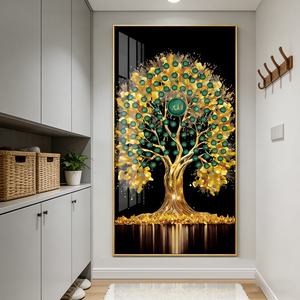 Tableau mural abstrait nordique grand format Feuille d'arbre dorée, Peinture moderne en porcelaine avec LED et cristaux, Meilleure vente, Décoration de salon et de maison - Product Image 4