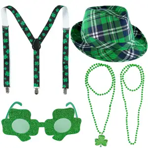 St Patricks Day Costume Accessories Set Plaid Green Hat Fedora Elastic Suspenders Glitter Shamrock Glasses Party Rave Supply
