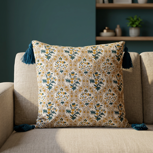 Traditional Artisan Square Floral Print 100% Cotton <b>Cushion</b> <b>Cover</b> with Elegant Blue Tassel Accents Vintage Style for Home Use - Product Image 4