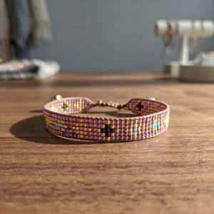 Sstringz handmade Lavender Purple Miyuki delica <b>Bead</b> <b>Bracelet</b> with Gold and Turquoise Geometric Pattern Adjustable Boho Jewelry - Product Image 6