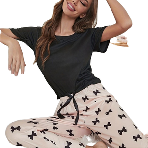 Conjunto de Dos Piezas para Mujer, Camiseta y Pantalones de Seda de Hielo con Estampado Animal, Transpirable, Verano, Cómodo, Informal, para el Hogar, Cintura Elástica - Product Image 1