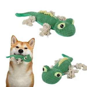 Yeni tasarımlar özel kadife kertenkele köpek oyuncak toptan dayanıklı peluş yeşil kertenkele dolması oyuncaklar için halat ile pet köpek