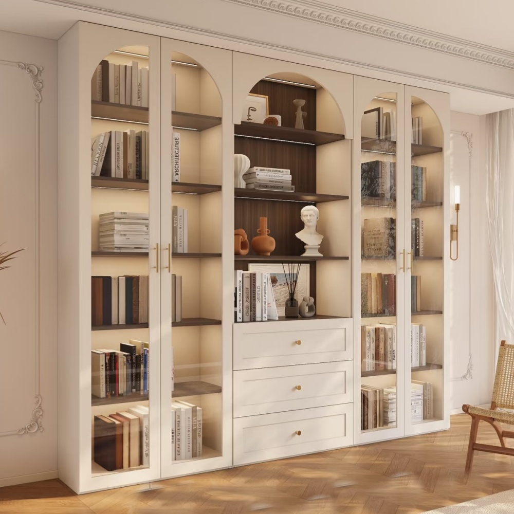 Custom Vintage French Curve Solid Wood Bookcase with Elegant Glass Cabinet Doors