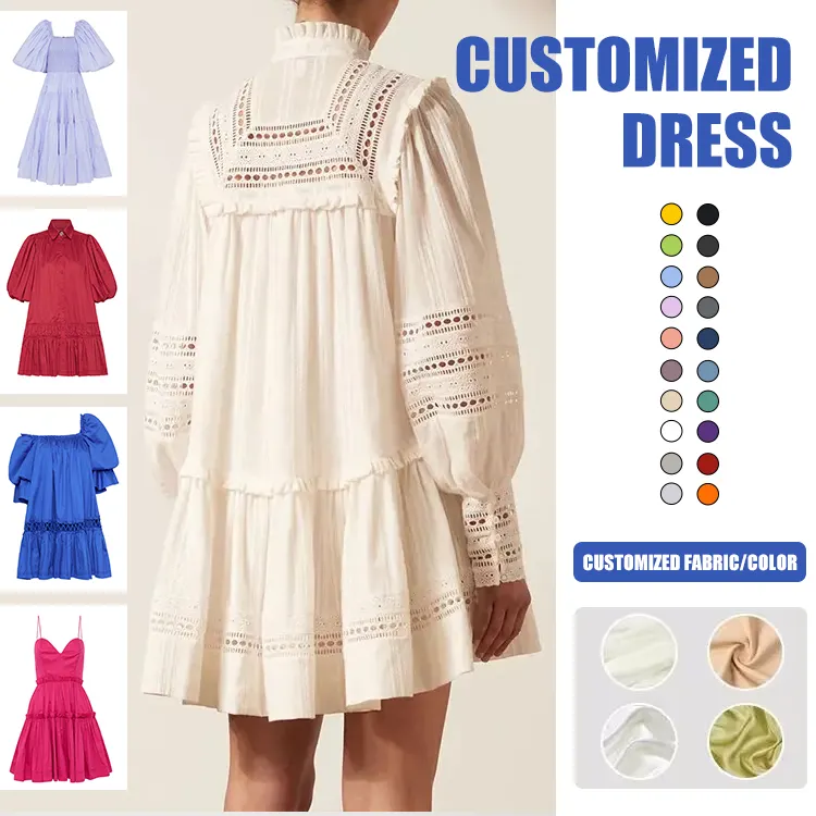 Bohemian Dress Wholesale Vestido Women Vintage Turtleneck Lace Cotton Dress Long Sleeve Ruffles Mini Bohemian Boho Dress