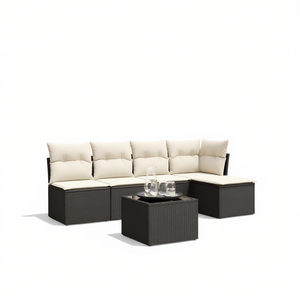 Conjunto de sofás de exterior en negro y crema, muebles de patio de ratán, moderno y contemporáneo, conjunto de 7 plazas para exteriores. - Product Image 1