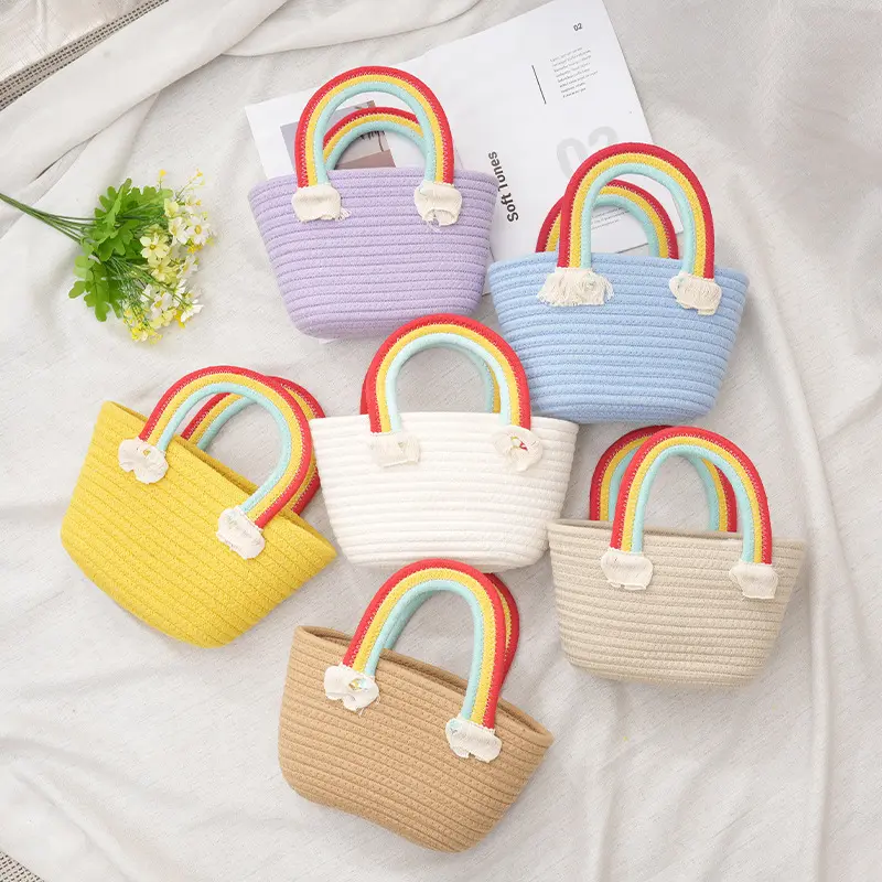 Cotton Rope Crochet Macrame Handbag Knitting Storage Bucket Bag Rainbow Handle Woven Straw Beach Bag