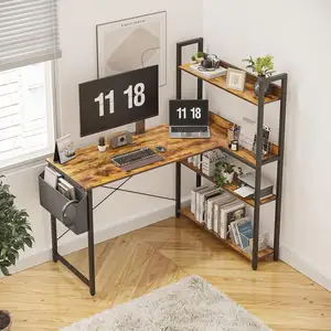 带搁板的电脑转角书桌，47英寸，小型l形电脑桌，用于家庭办公室写字台，带侧储物袋，棕色