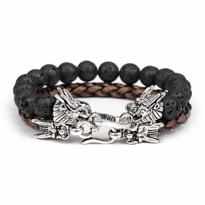 2Pcs a Set Gemstone Bead Stretch Bracelet <strong>Silver</strong> Dragon Head <strong>Bangle</strong> for <strong>Men</strong> Leather Bracelet for Couple Black Lava Stone Jewelry - Product Image 2