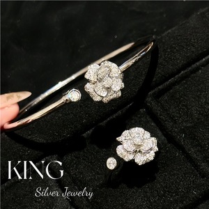 King Silver Jewelry S925 Silver Camellia Flower Bangle <b>Ring</b> With Cubic Zirconia Pave Setting For Women Wedding Cocktail <b>Ring</b> - Product Image 1