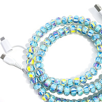 Câble de données USB 3-en-1 exquis à motif floral marbré et perles, idéal comme cadeau décoratif, accessoire de charge multi-embouts pour téléphone portable