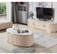 Table basse et meuble TV en bois massif blanc en cuir de luxe au design moderne avec plateau en marbre pour le salon